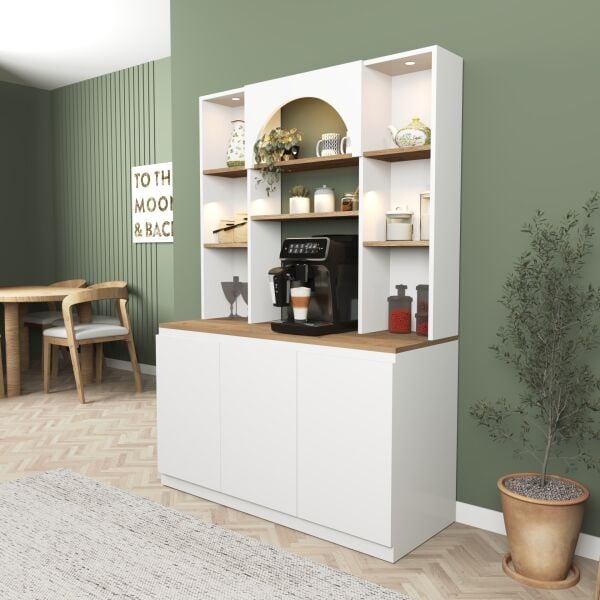 Mila Ledli Kahve Köşesi 120 cm , Çok Amaçlı Mutfak , Kiler Dolabı ,Beyaz - Meşe (Sepet)