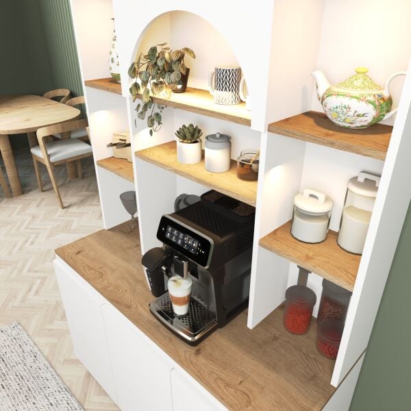 Mila Ledli Kahve Köşesi 120 cm , Çok Amaçlı Mutfak , Kiler Dolabı ,Beyaz - Meşe (Sepet)