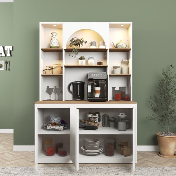 Mila Ledli Kahve Köşesi 120 cm , Çok Amaçlı Mutfak , Kiler Dolabı ,Beyaz - Meşe (Sepet)