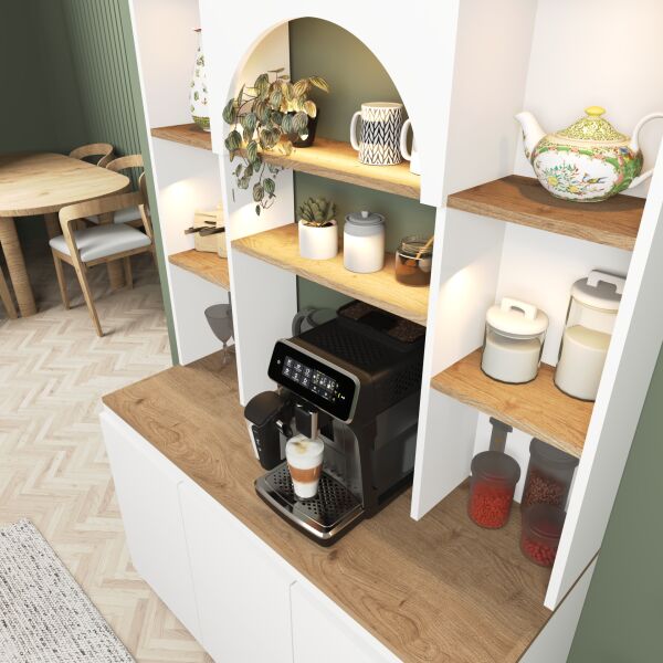 Mila Ledli Kahve Köşesi 120 cm , Çok Amaçlı Mutfak , Kiler Dolabı ,Beyaz - Meşe (Sepet)