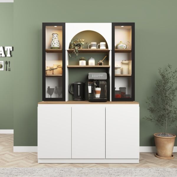 Arya Ledli Aluminyum Cam Kapaklı Kahve Köşesi 120 cm , Çok Amaçlı Mutfak , Kiler Dolabı ,Beyaz - Meşe (Sepet)