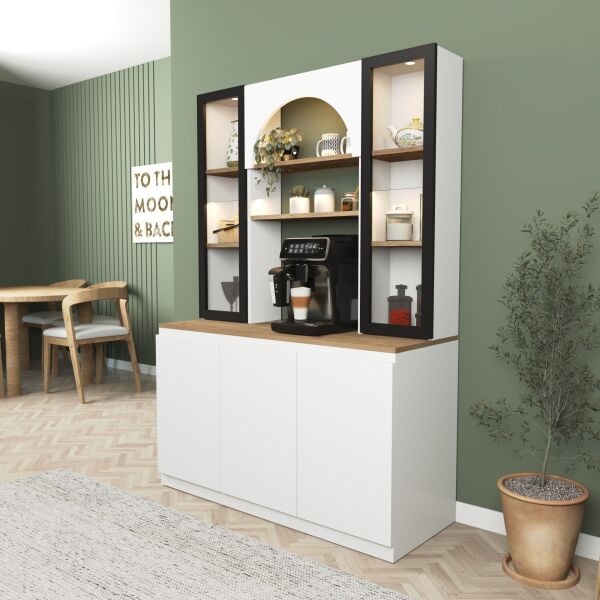 Arya Ledli Aluminyum Cam Kapaklı Kahve Köşesi 120 cm , Çok Amaçlı Mutfak , Kiler Dolabı ,Beyaz - Meşe (Sepet)