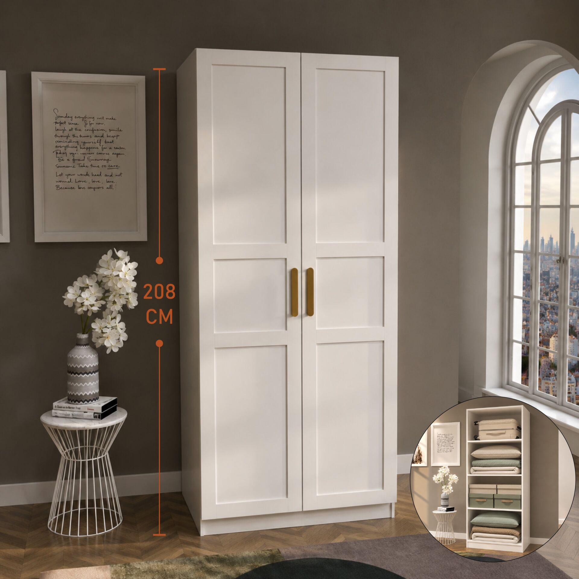 Aras 2 Kapılı Raflı Gardırop , Yüklük Dolabı , Beyaz 208 cm