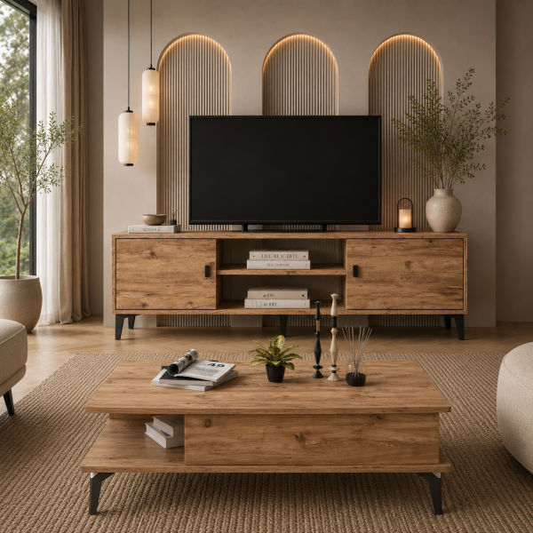 Marin Tv Ünitesi 150 cm - Orta Sehpa Seti , Atlantik Çam (Ceviz)