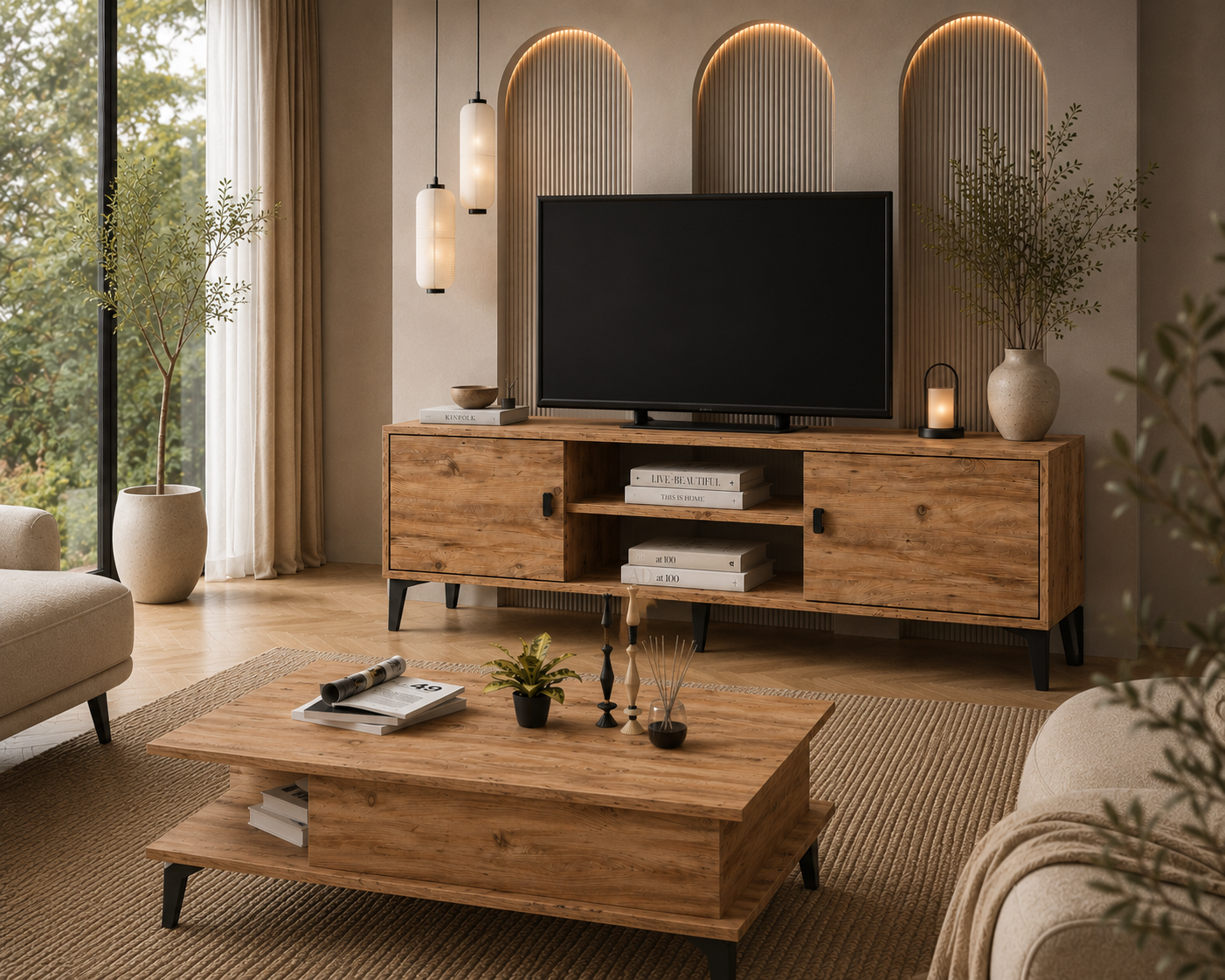 Marin Tv Ünitesi 150 cm - Orta Sehpa Seti , Atlantik Çam (Ceviz)